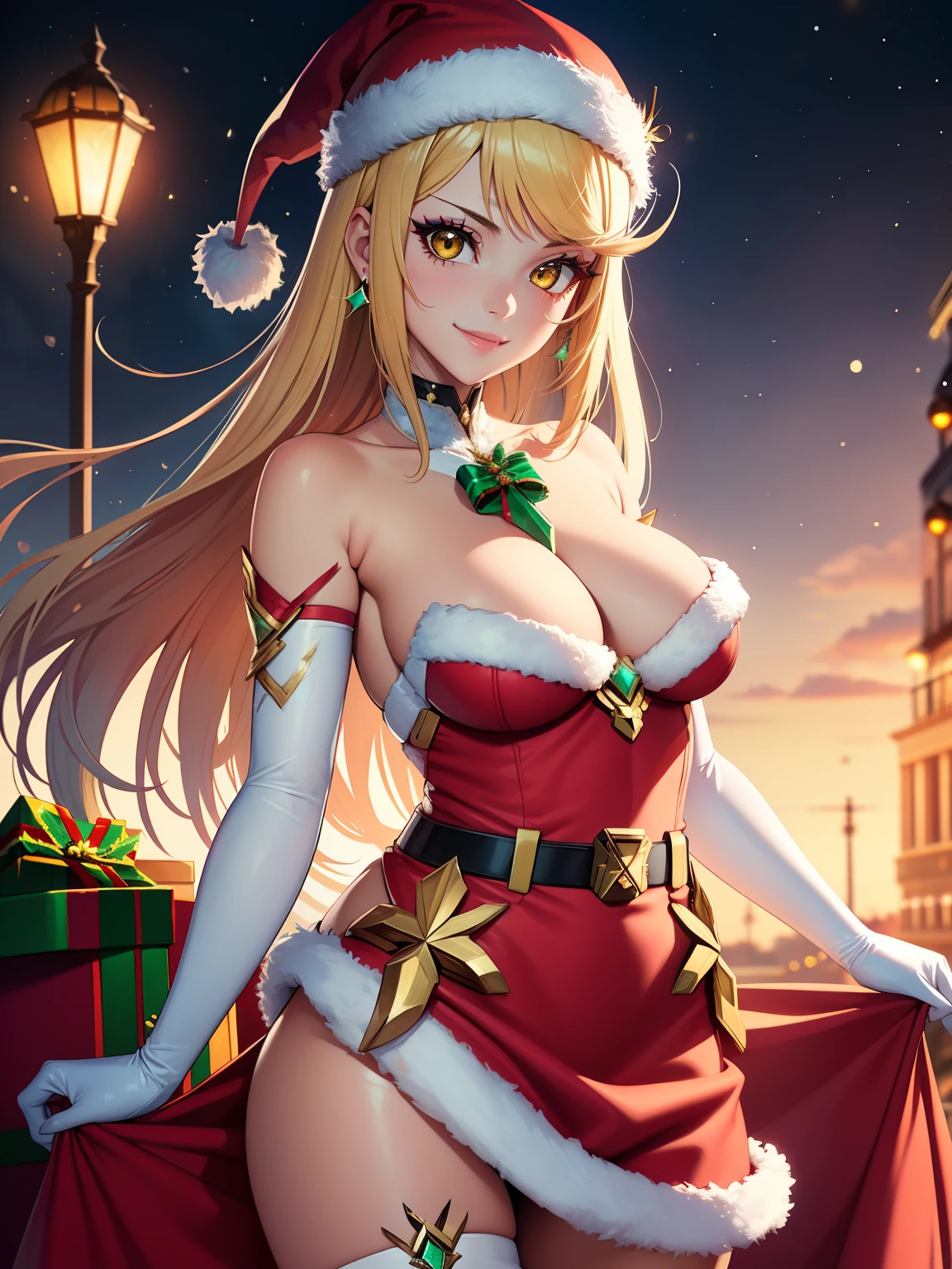 1girl, solo, masterpiece, best quality, high res, highly detailed, (illustration), beautiful detailed eyes,mythra \(xenoblade\), yellow eyes ,glossy lips, makeup, smile, long white satin elbow gloves, cowboy shot, (santa), red santa dress, santa hat, strapless dress, full body, white elbow gloves