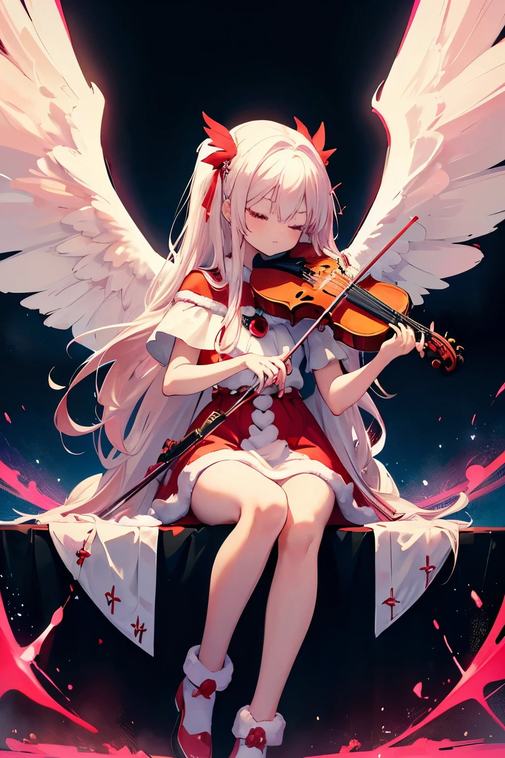 tiny girl with long white hair, wearing red outfit christmas style, happy, playing violin, eyes closed, slim, harmless, big black big sixed angel wings, sit pose, bad ass,glowing clotheest quality, serious,Neon pink and blue Light, neon style