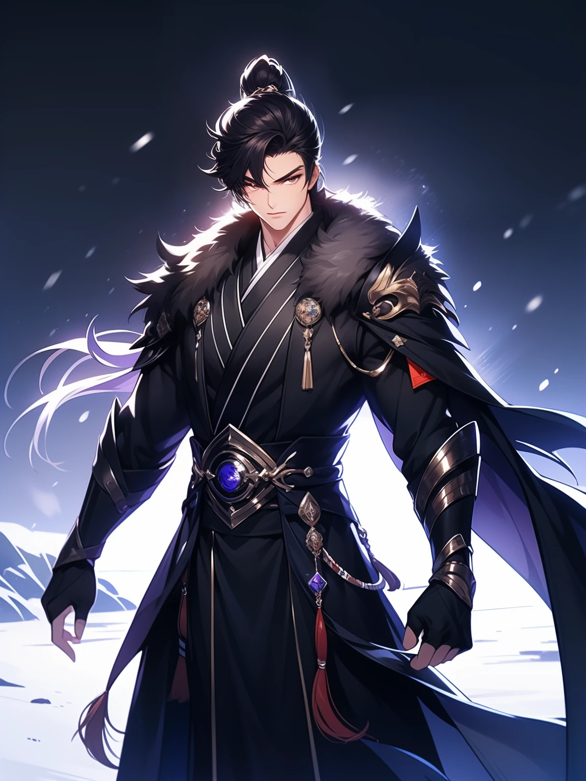 the only person,Libido boy,disheveled black hair , Orange eyes , purple martial arts uniform , Fighting posture,purple aura,lightning effects,Snowy background , Snowy wasteland background, Martial arts costumes , 1male people , Complicated details , perfect generation , male people , Muscular , poncho