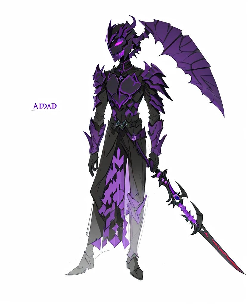 a Undead with a sword and a purple outfit, wearing dark purple armor, full body concept, humanoid form, Undead man, blade runned color palette, concept design, sleek purple armor,Undead man, style of ghost blade, purple armor, finished concept art, half naked, medieval helmet armor, eyes with black around them and red on the corneas