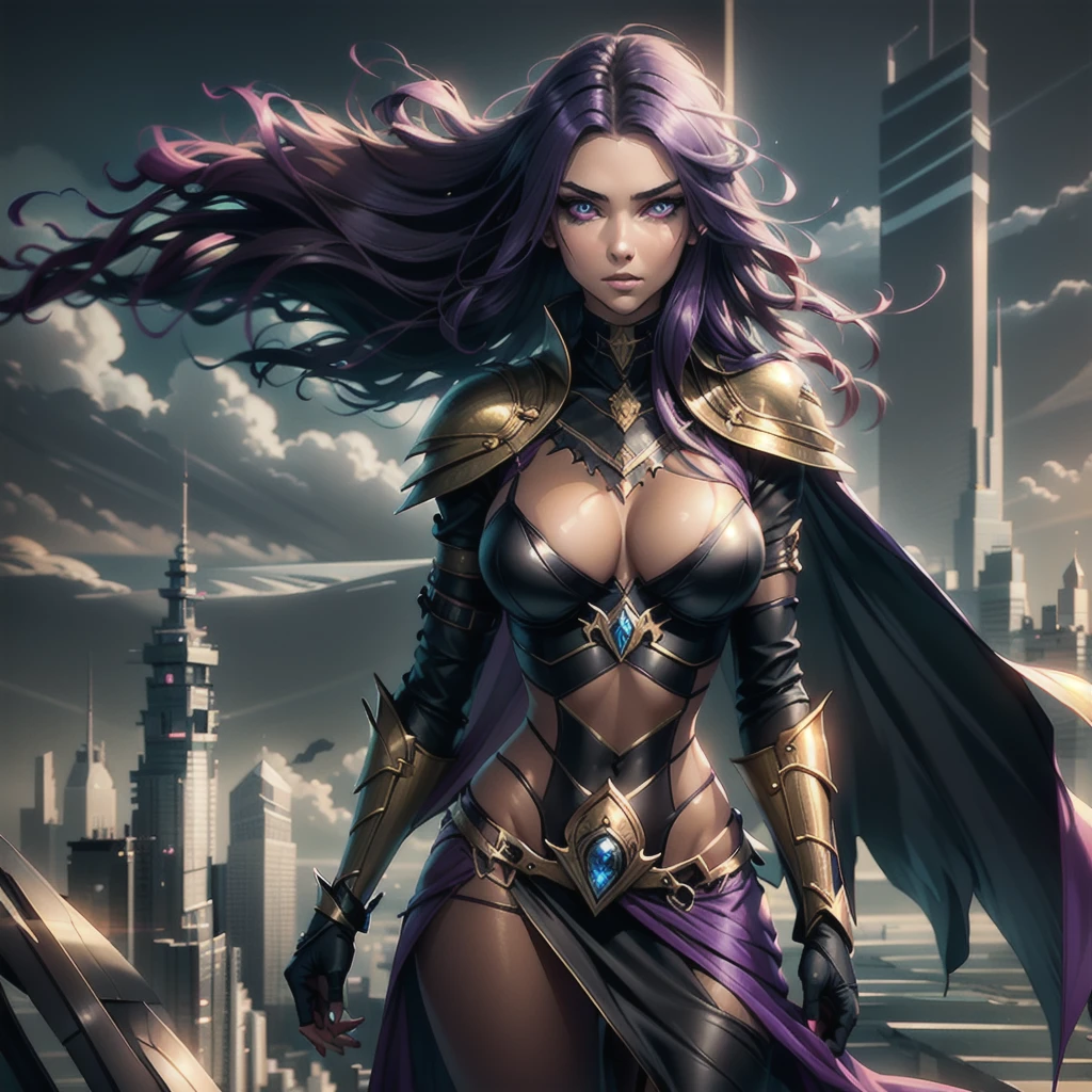 Beautiful face, sexy, sharp features, 8k, high definition, purple armour, golden tan skin, purple hair, glowing purple eyes, flawless face, queen, tan skin