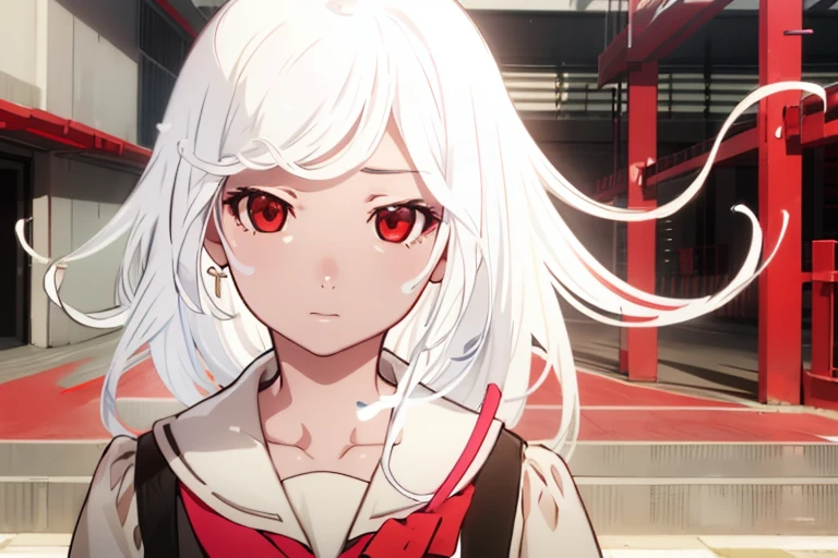 1girl in，Ultra-detailed,Detailed details,white hair,Red eyes,long bangs,Face Up,Red tie,a sailor suit