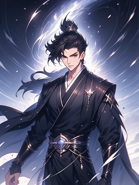 the only person，Libido boy，disheveled black hair , Orange eyes , purple martial arts uniform , Fighting posture，purple aura，lightning effects，Snowy background , Snowy wasteland background, Martial arts costumes , 1male people , Complicated details , perfect generation , male people , musculous , poncho，blue magic vortex，