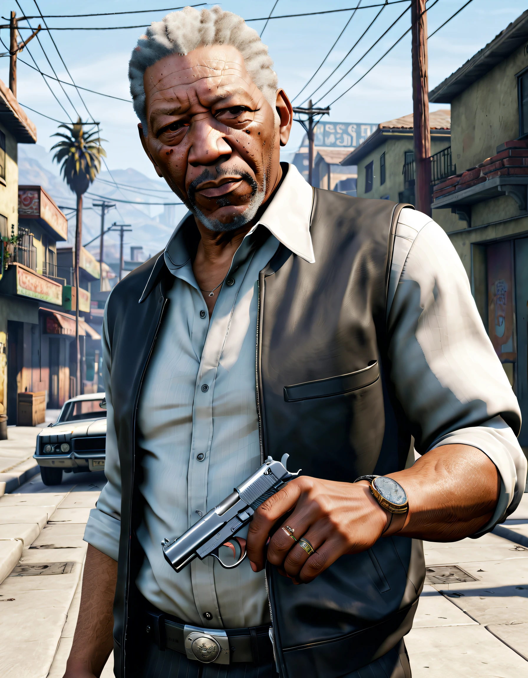 ((morgan freeman)) GTA5 gangster (((looking at the viewer))), holding R8, groovy, (hands_with_5_fingers), (perfect_hands), (perfect_fingers), (perfect_legetter_handore Detail