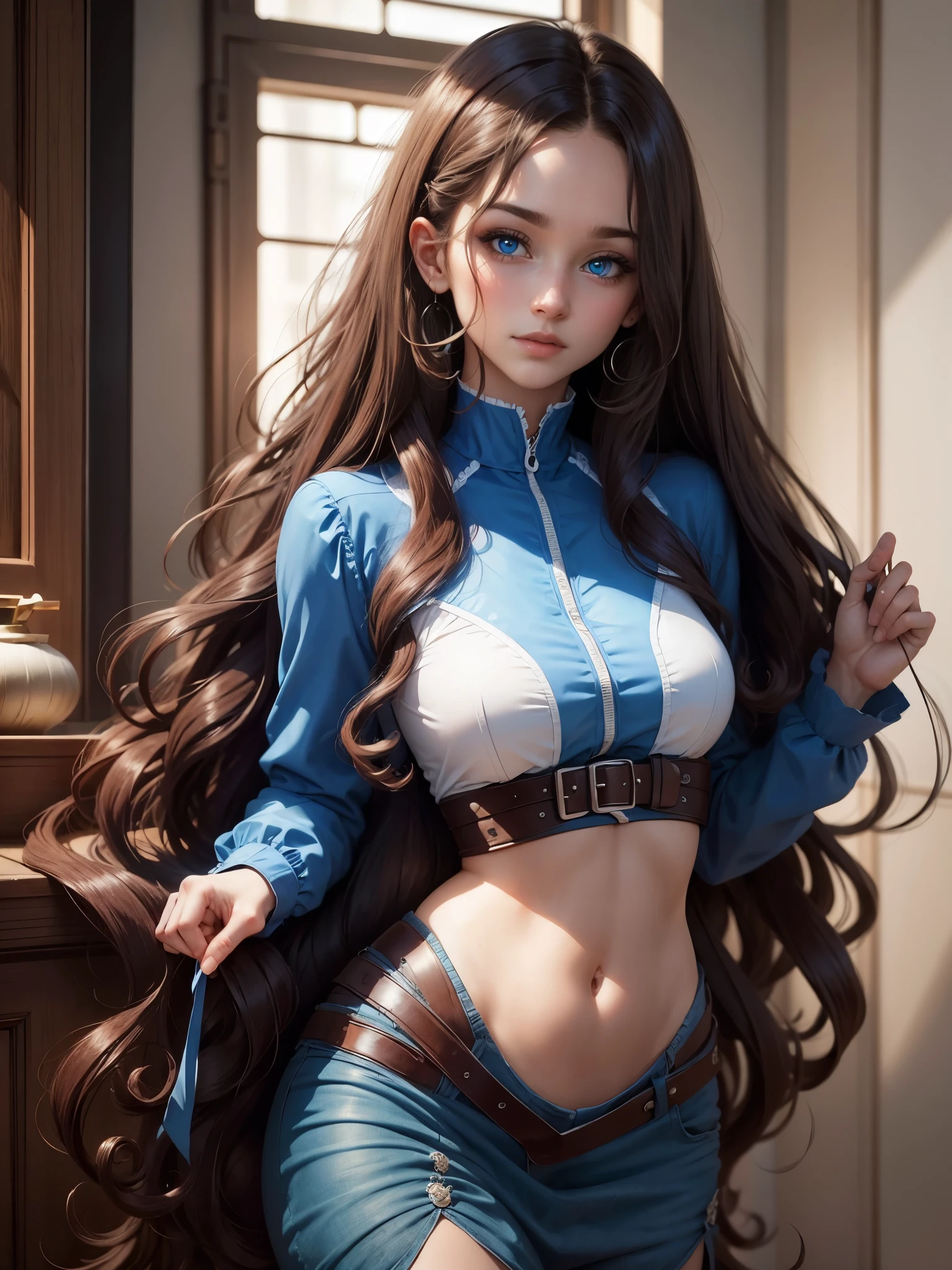 blue eyes, long curly hair