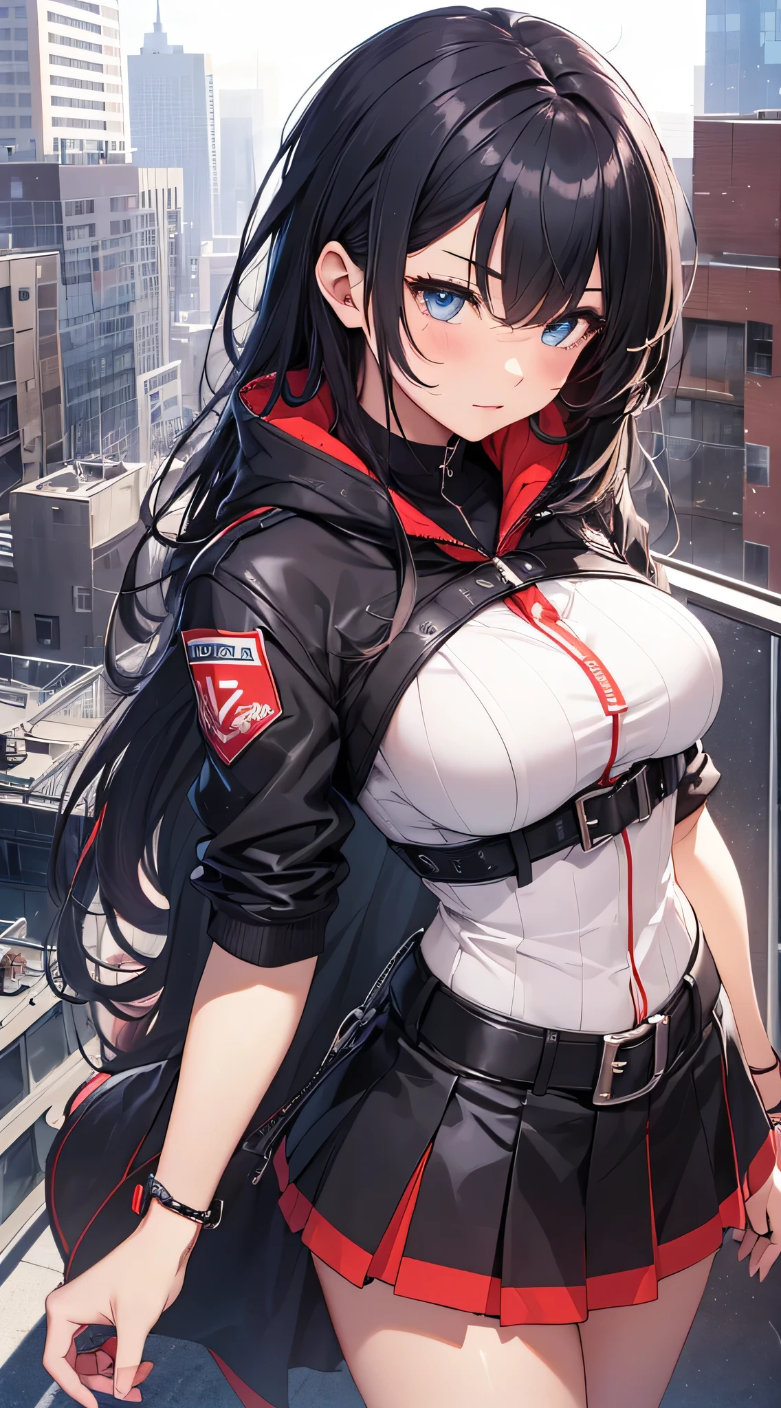 girl with black hair red eyes in a tight blue officer costume girl has thick thighs big breast she has black short tight shorts on