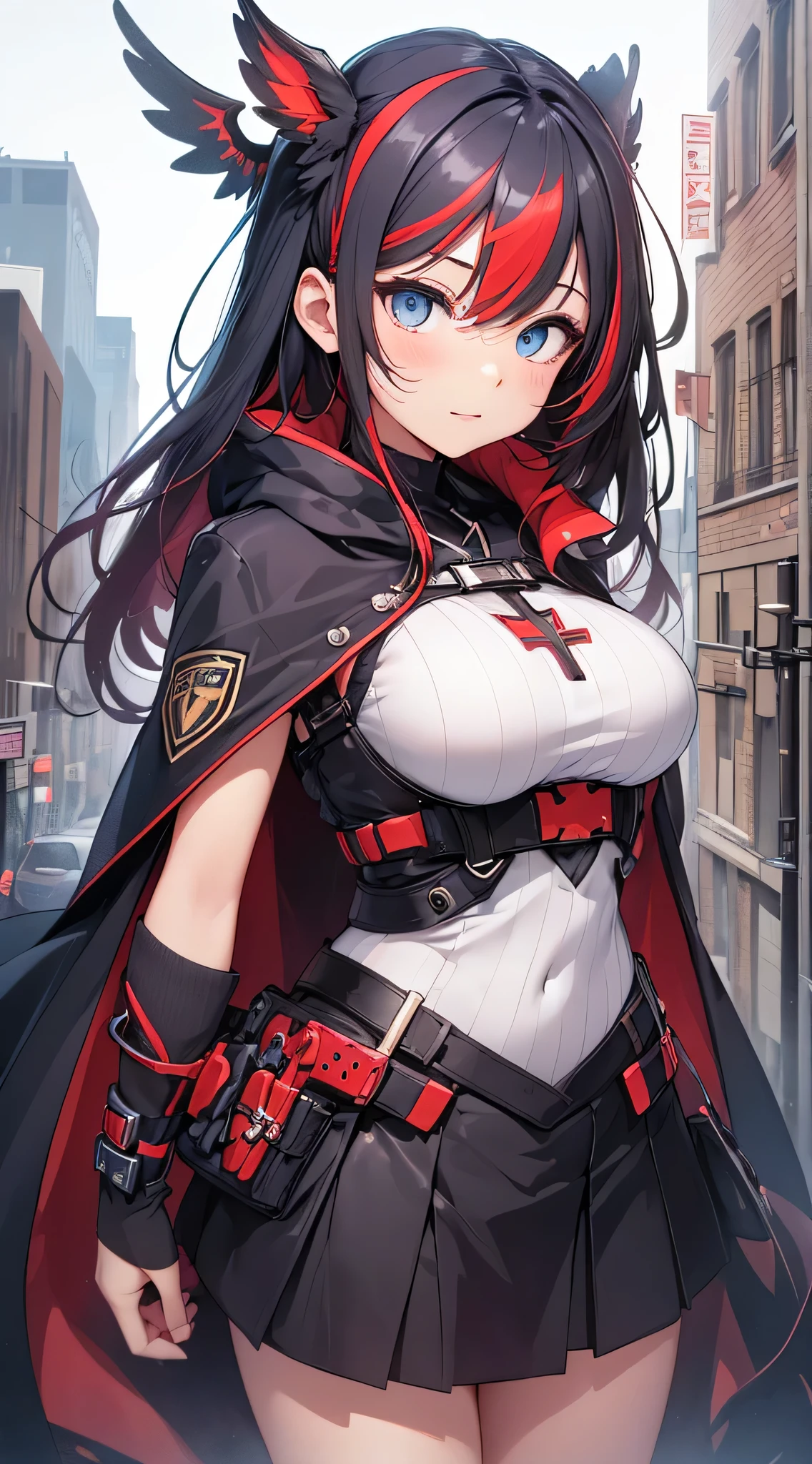 top-quality、Top image quality、masterpiece、teens girl((sixteen years old、 Ager、Best Bust、big bast,wide open breasts、Beautiful light blue eyerest, multicolored hair、A slender,Large valleys、Reflecting the whole body、Laugh、dye one's cheeks red、Black Hero Suit、red cloak、Red short skirt、Niō Standing、Cross your arms)),hiquality、Beautiful Art、Background with(( natta、On the roof of a building、helicopter)))、masutepiece、depth of fields,
