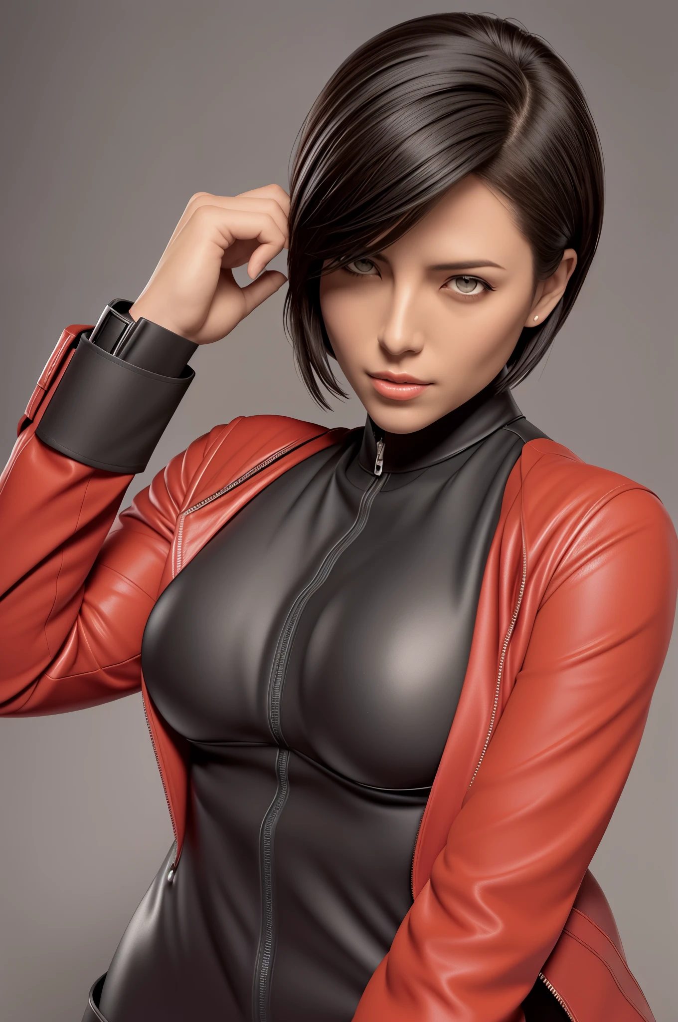 Resident Evil 6,ada,ada・ウォン,A dark-haired,short-hair,ultra-quality,Photorealsitic,a red jacket,Black leather pants,An ultra-high picture quality,Digital SLR,Based on anatomical grounds,Depicted in detail,flat breast:1.5,A slight smil,Detailed face,