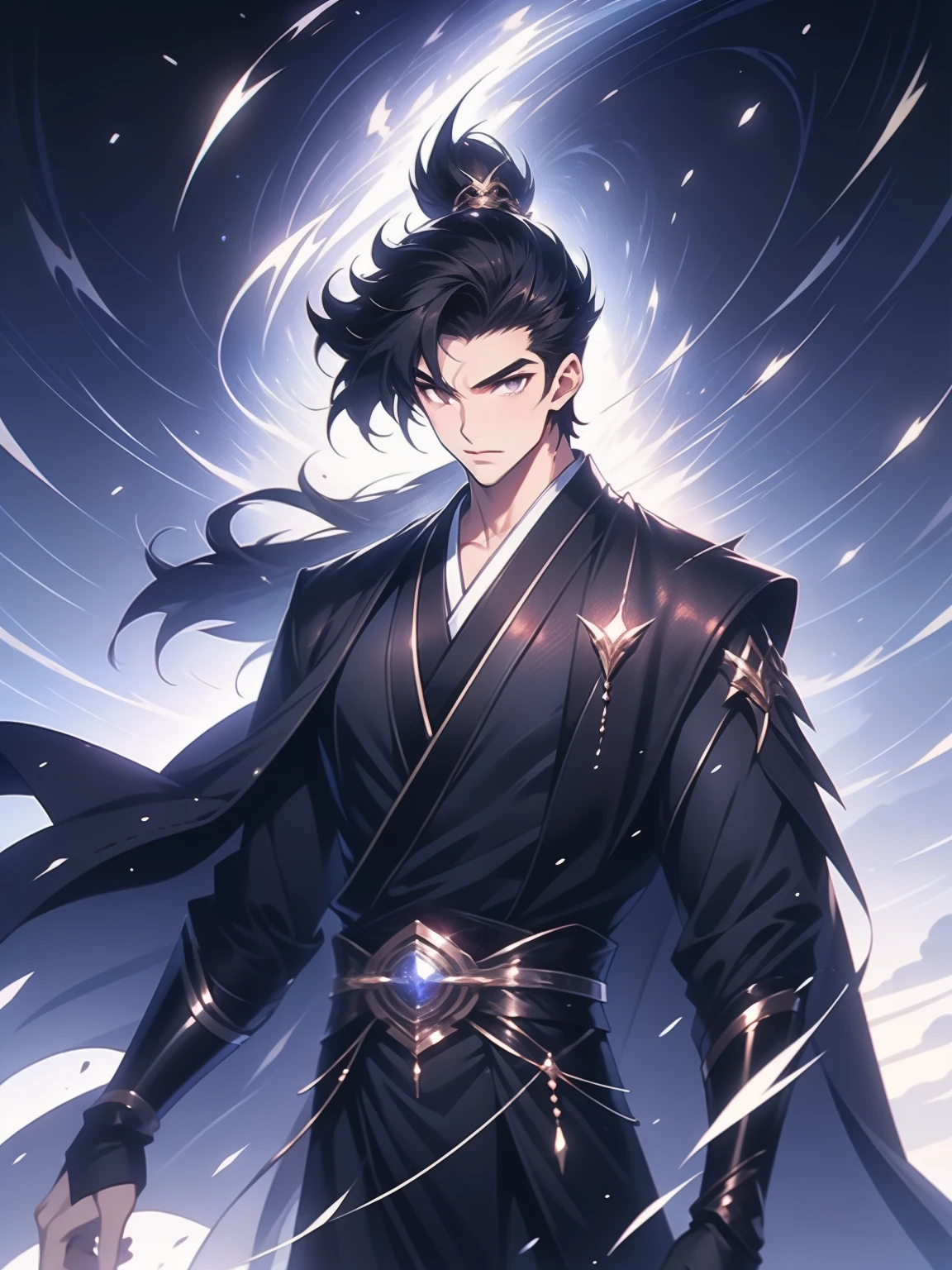 the only person，Libido boy，disheveled black hair , Orange eyes , purple martial arts uniform , Fighting posture，purple aura，lightning effects，Snowy background , Snowy wasteland background, Martial arts costumes , 1male people , Complicated details , perfect generation , male people , musculous , poncho，blue magic vortex，