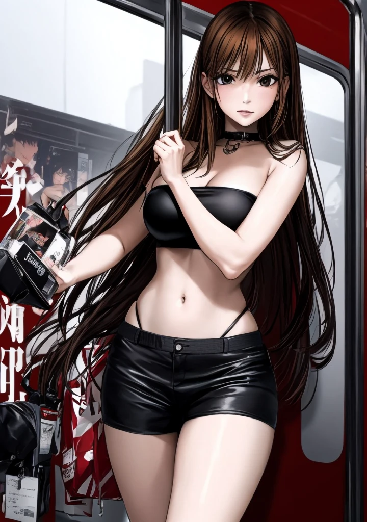 A beautiful woman with long hair, big breasts, and beautiful legs is standing in a black tube top that exposes her navel and black hot pants.。