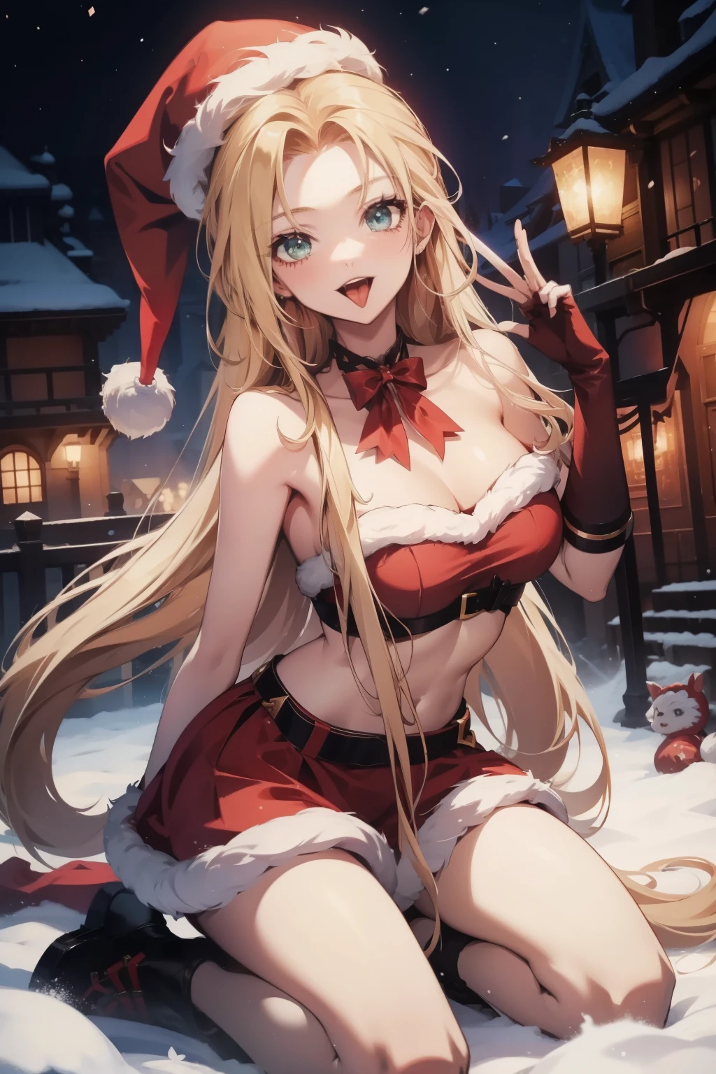 Santa hat，Red is sexy，white color hair，external，in the snow，Reindeer Christmas Girl，is very beautiful，exquisite and beautiful facial featureig Breasts，8K分辨率，Studio quality，hyper HD，ultra fine detailed，Christmas Eve night，Oyuki，house，Christmas tree，designs，巨作，Full body photo，Brilliantly lit，Surreal Photo，Long-range shotull body like，lewd poses，open open mouth，Stick out her tongue