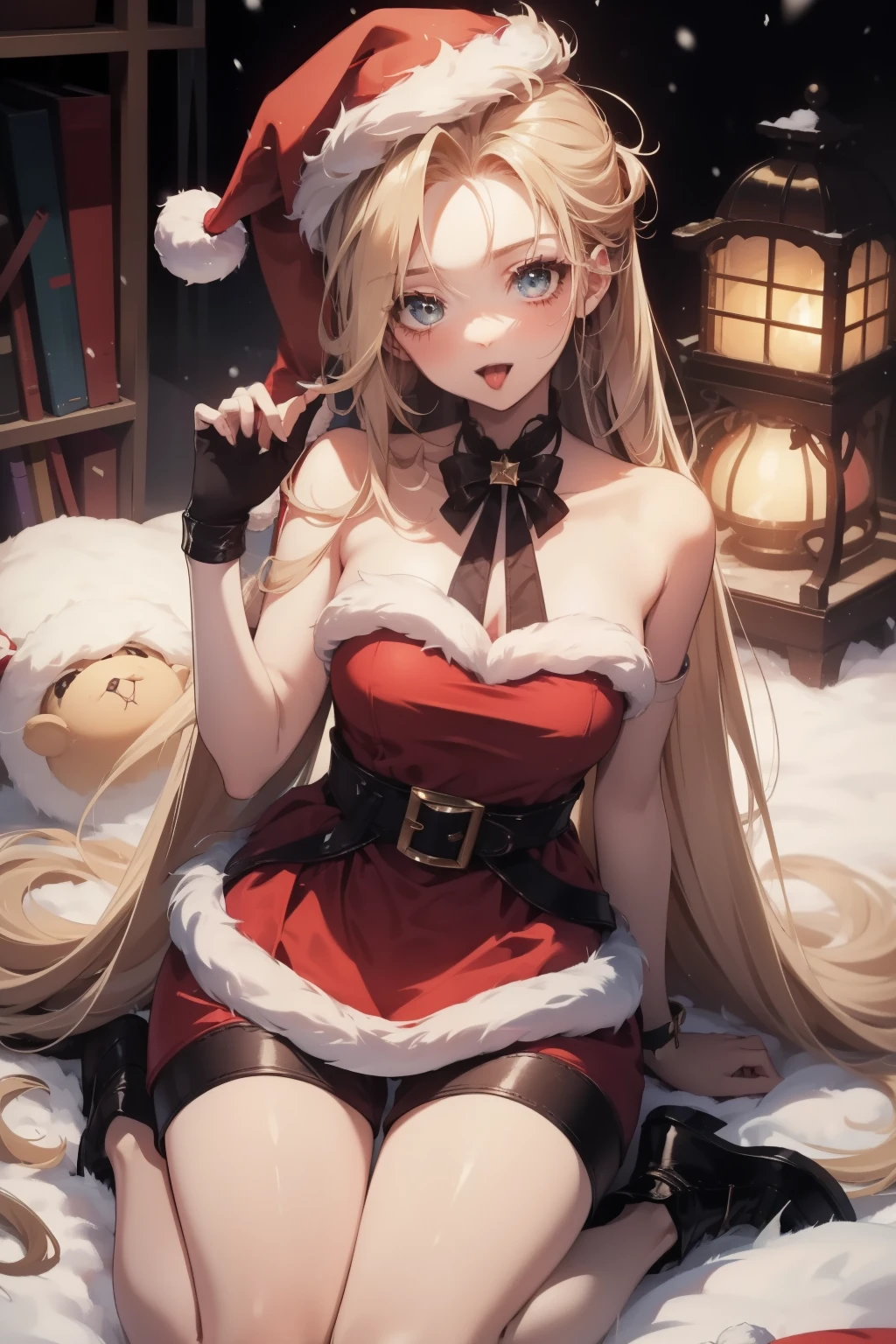 Santa hat，Red is sexy，white color hair，external，in the snow，Reindeer Christmas Girl，is very beautiful，exquisite and beautiful facial featureig Breasts，8K分辨率，Studio quality，hyper HD，ultra fine detailed，Christmas Eve night，Oyuki，house，Christmas tree，designs，巨作，Full body photo，Brilliantly lit，Surreal Photo，Long-range shotull body like，lewd poses，open open mouth，Stick out her tongue