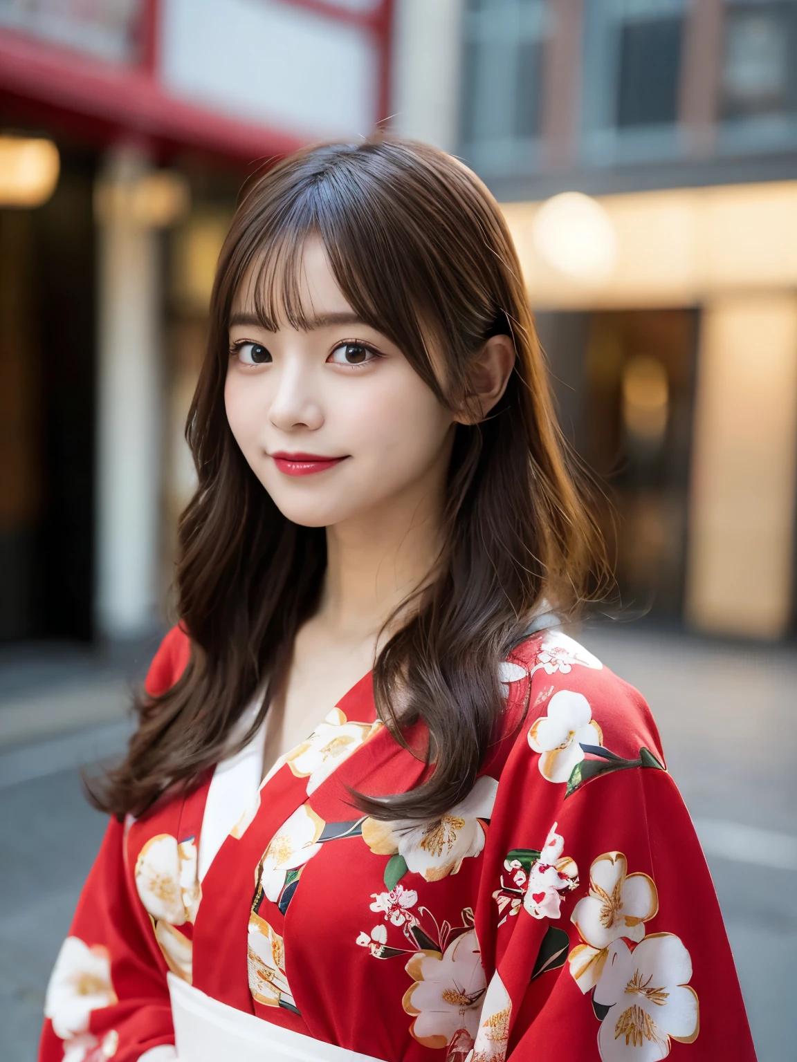 masutepiece, Best Quality, Illustration, Ultra-detailed, finely detail, hight resolution, 8K Wallpaper, Perfect dynamic composition, Beautiful detailed eyes, She wears a red kimono,Medium Hair,Natural Color Lip, Bold sexy poses,Smile,Harajuku、20 years girl、Cute、Sexy shot looking at camera、C Cup、Brown hair、cacique#39;s face、Blurred shrine background