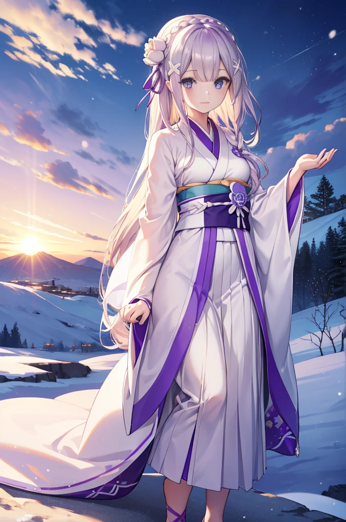 rezeroEmilia, Emilia, braid, crown braid, flower, hair flower, Hair Ornament, Hair Ribbon, Long hair, low-tied Long hair, (Purple eyes:1.2), pointy ear, white flower, x Hair Ornament, Kimono with white,Furisode,a miniskirt,Sandals,snow mountains,snow field,blizzard,smiling face
break (masutepiece:1.2), Best Quality, High resolution, Unity 8k壁纸, (Illustration:0.8), (Beautiful detailed eyes:1.6), extra detailed face, Perfect Lighting, extremely details CG, (Perfect hands, Perfect Anatomy),