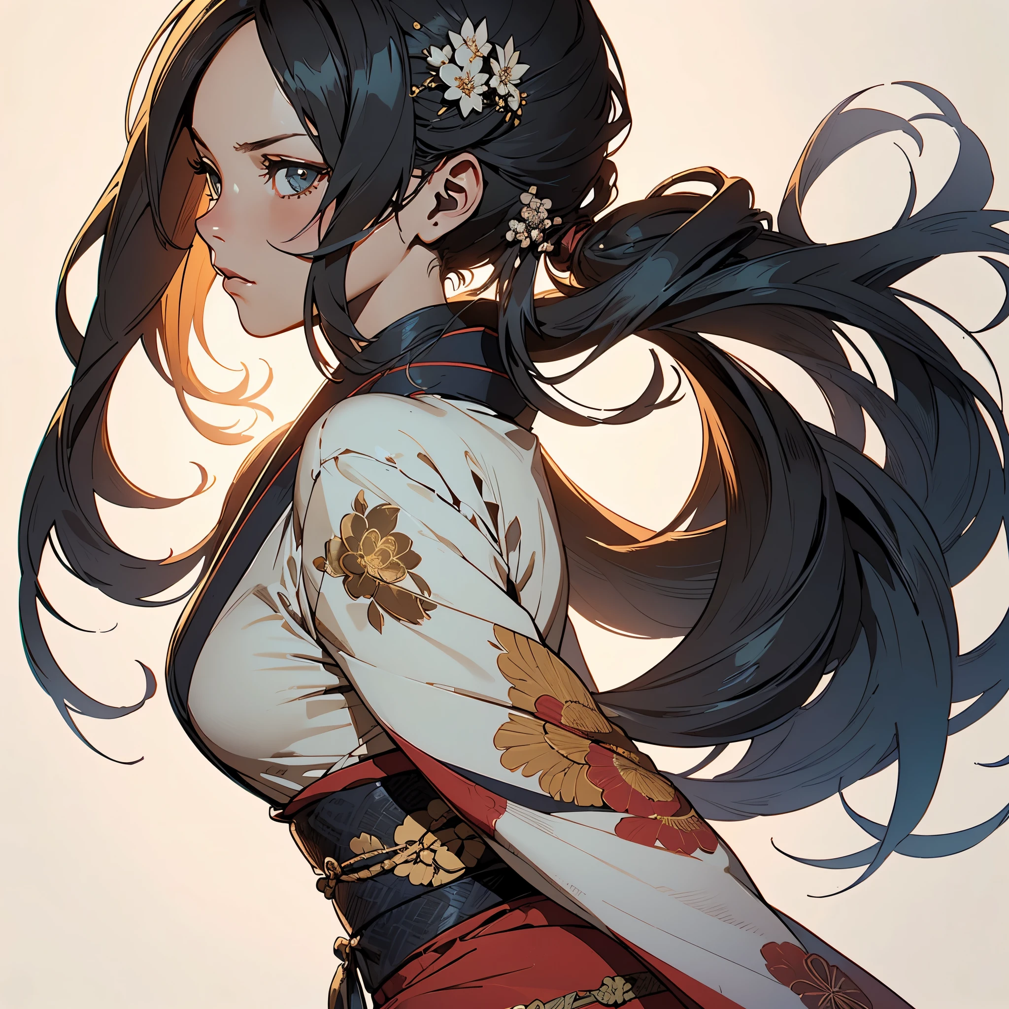 ((Award winning)), photographic portrait,
Japanese woman, beautiful detailed face, (long meticulously detailed hair, detailed hair strands), mid action walking pose, seen from behind, (intricately detailed kimono down to the pixels::,  capture the texture of the fabric and every bend), plain white background, fantasy, anime, hyperdetailed, ultrasharp, over shoulder view, captured using sony Eos 5d mark IV, ((chiaroscuro))