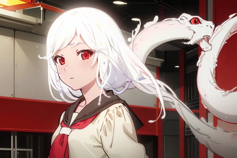 1girl in，Ultra-detailed,Detailed details,White hair,Red eyes,long bangs,White snake,a sailor suit,Red tie，poneyTail