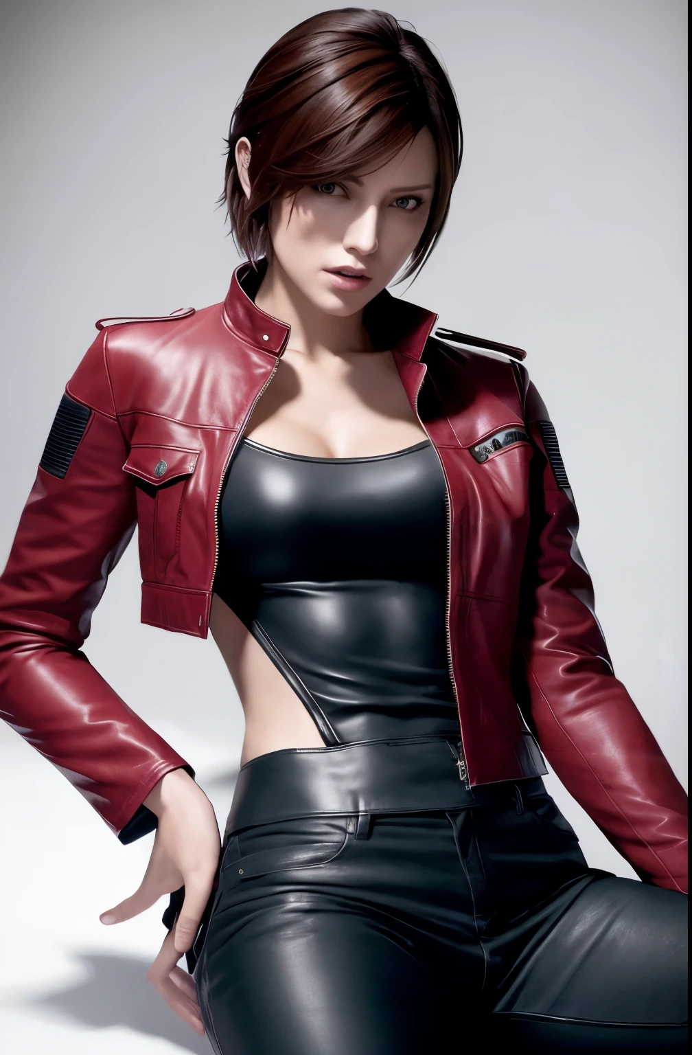 Resident Evil 6,ada,ada・ウォン,ultra-quality,Photorealsitic,a red jacket,Black leather pants,An ultra-high picture quality,Digital SLR,Based on anatomical grounds,Depicted in detail,flat breast:1.5,A slight smil,Detailed face,Spread your legs apart,cross one's legs