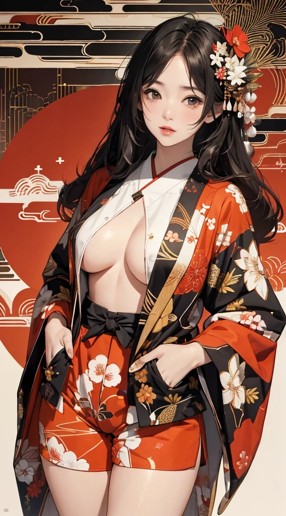 ((8k wallpaper of extremely detailed CG unit, masterpiece, hight resolution, top-quality, top-qualityのリアルテクスチャスキン)), (a very beautiful woman, Plump lips, The upper part of the body, Hands in pockets:1.5, Japanese pattern blouson:1.2, Japanese pattern micro mini shorts:1.2), (A dark-haired, hair messy, de pele branca, small tit), ((Colorful background with geometric patterns, Japanese pattern background, warm color)), (hyper realisitic, digitial painting),