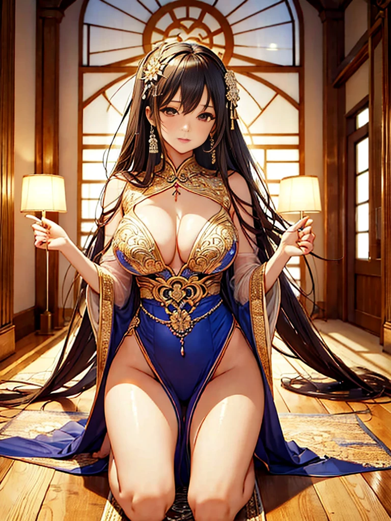(Enrich the picture,Masterpiece quality)Beautiful 8K CG artwork,Goddess-like pose,kneeling exercises,Thin and soft,Translucent skin,brunette color hair、The beauty of super long hair, Super Long Straight Hair,The skin is fair and juicy,Underwear uniforms,Perspective Part 1.2x enhanced contour effect,Exquisite transparent blue case in pajamas,Intricate and exquisite details,The background is a bit blurry,Charming and sexy legs,drooltra large breasts,Japan goddess,Perfect body slim curves,