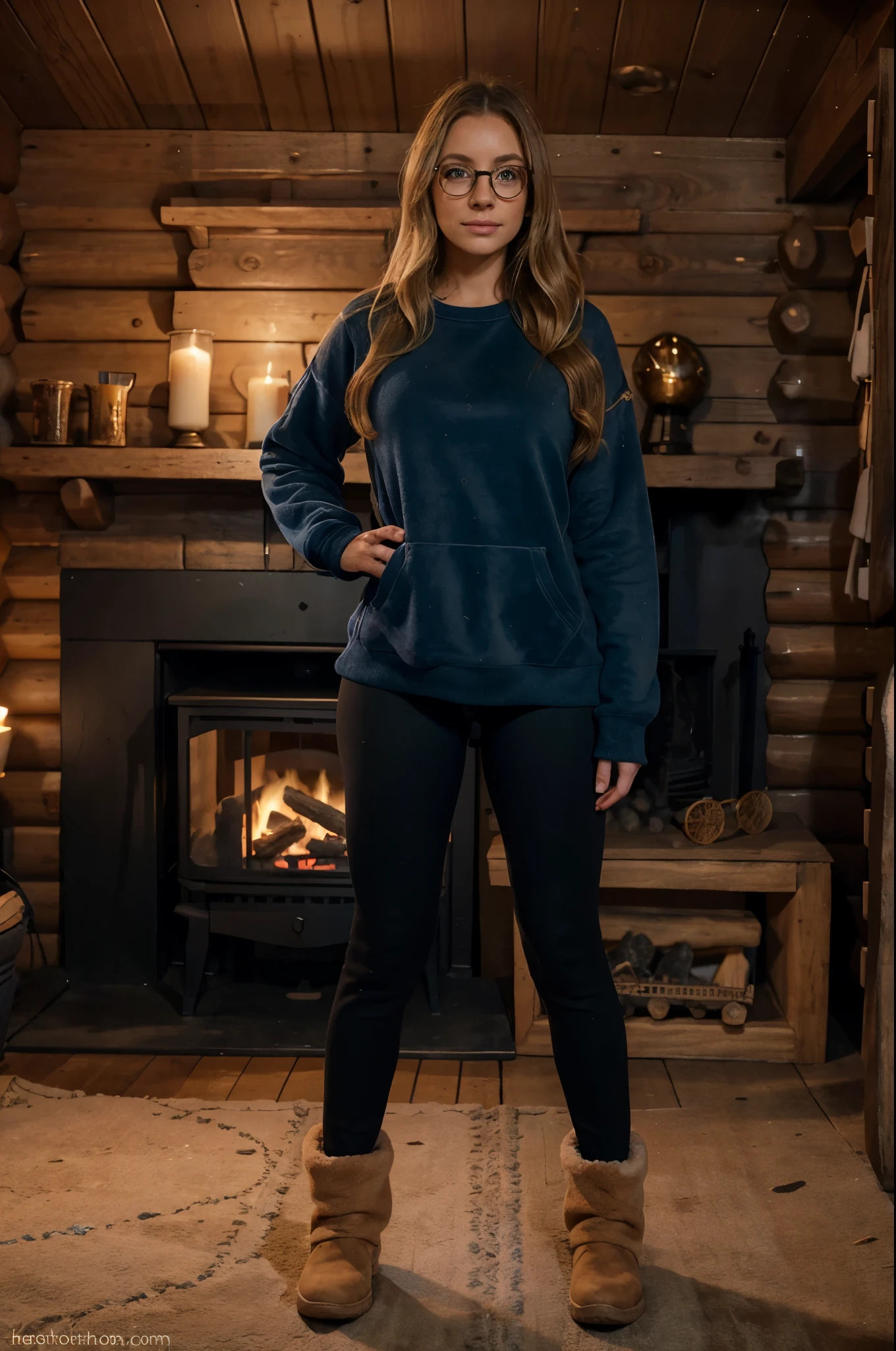 1woman, ombré blonde balayage hair, beautiful blue eyes, freckled face, beautifully detailed face, circle glasses, creame sweatshirt, seamless black leggings, fuzzy faux fur ugg boots, standing with hands on knees leaning towards camera log cabin by fire place background, full body portrait.
