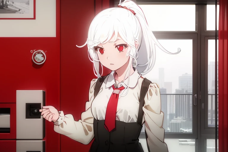1girl in，Ultra-detailed,Detailed details,White hair,Red eyes,Ponytail hairstyle，White snake,Red tie，Gray long skirt
