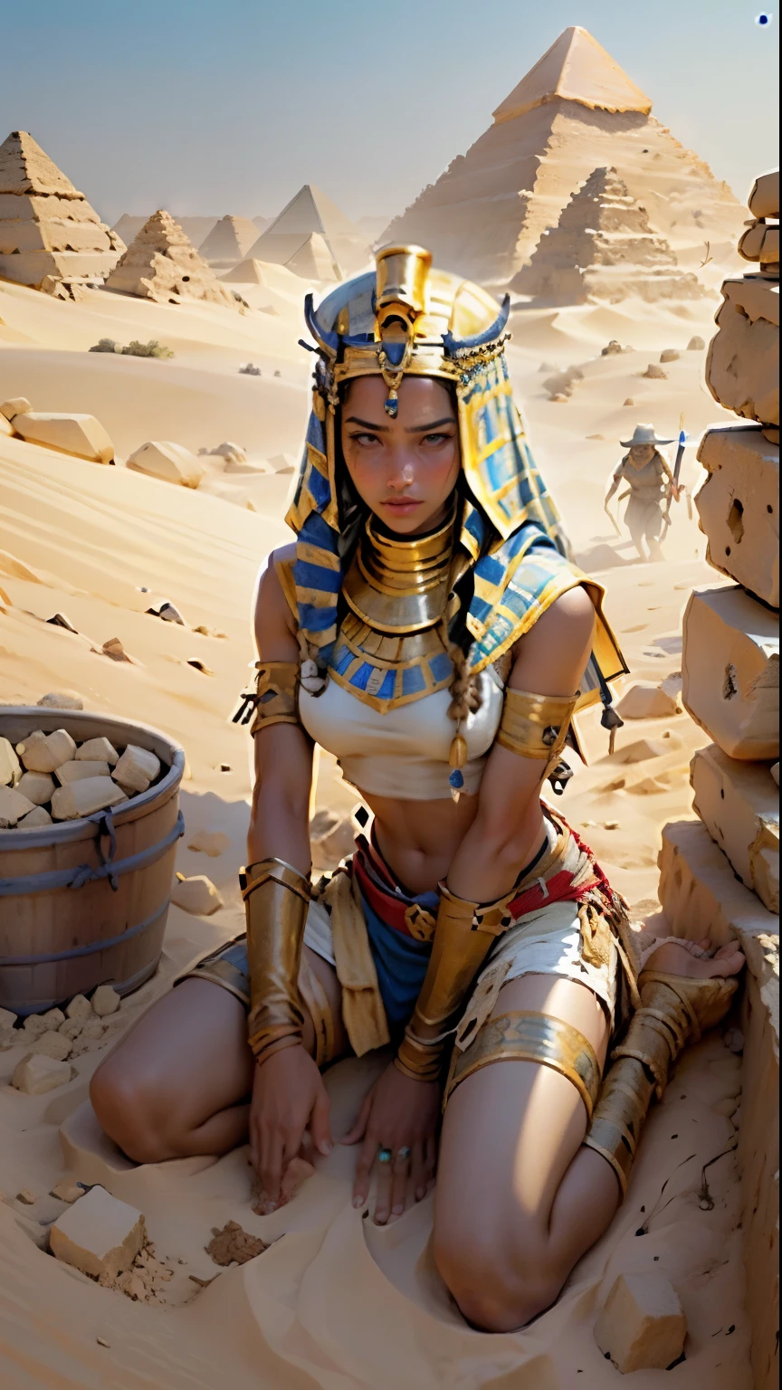 The realistic of a beautiful mixed naked woman with light skin tone with long little curly blond hair, standing in the middle of an old Egyptian city People are looking at her.