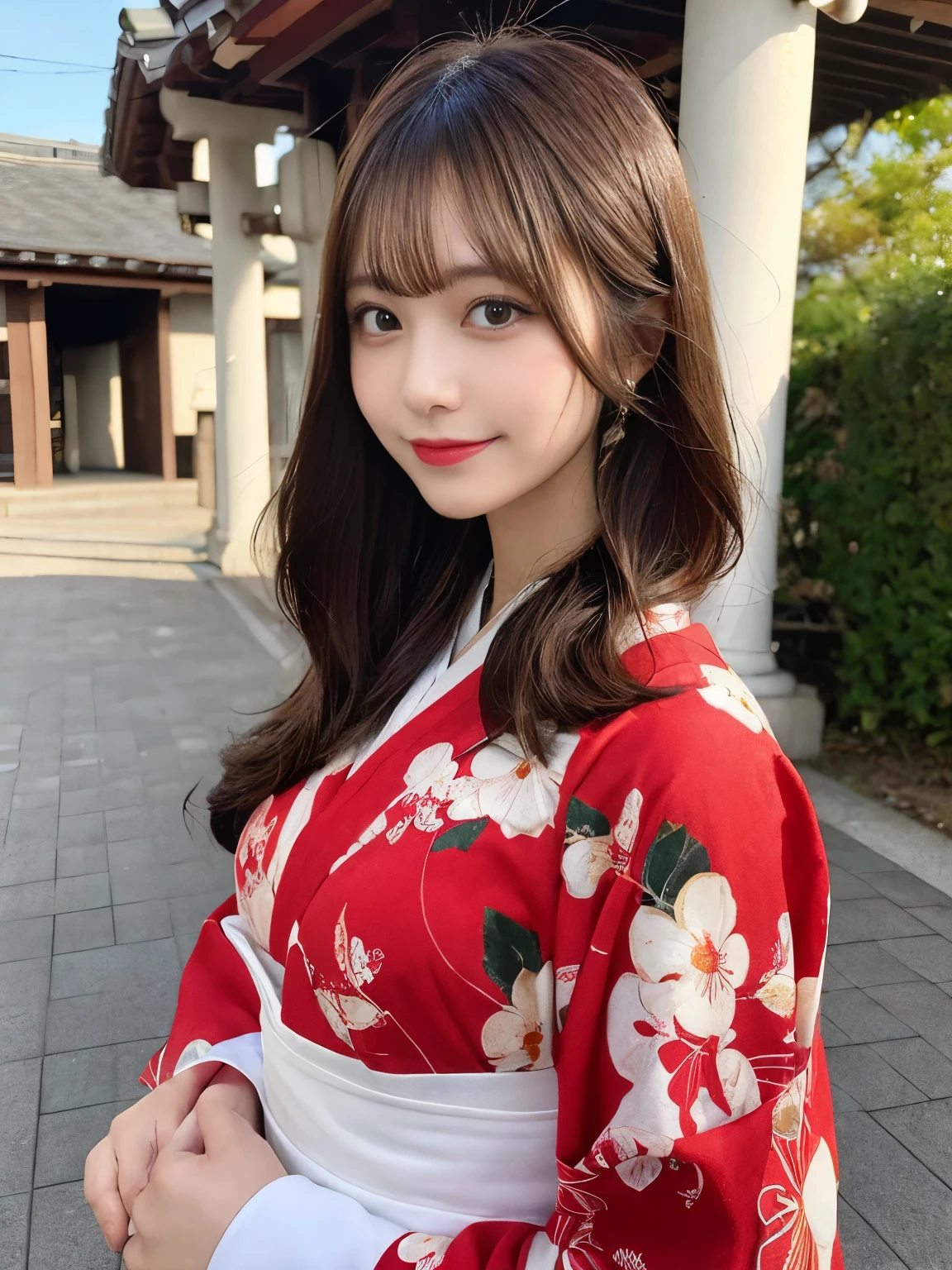 masutepiece, Best Quality, Illustration, Ultra-detailed, finely detail, hight resolution, 8K Wallpaper, Perfect dynamic composition, Beautiful detailed eyes, She wears a red kimono,Medium Hair,Natural Color Lip, Bold sexy poses,Smile,Harajuku、20 years girl、Cute、Sexy shot looking at camera、C Cup、Brown hair、cacique#39;s face、Blurred shrine background