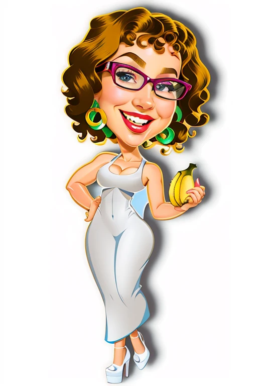 cartoon woman with curly hair and glasses holding a banana, potrait de corpo inteiro segurando garrafa, in cartoon style, Latim, esty, mulher bonito, caricatura style, retrato de corpo inteiro, Chibi, caricatural, imagem dos desenhos animados, charicatura, inspirado em Shirley Teed, Close-up de corpo inteiro, caricatura!!!, Harry Volk Estilo Clip Art