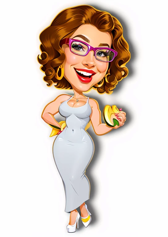 cartoon woman with curly hair and glasses holding a banana, potrait de corpo inteiro segurando garrafa, in cartoon style, Latim, esty, mulher bonito, caricatura style, retrato de corpo inteiro, Chibi, caricatural, imagem dos desenhos animados, charicatura, inspirado em Shirley Teed, Close-up de corpo inteiro, caricatura!!!, Harry Volk Estilo Clip Art