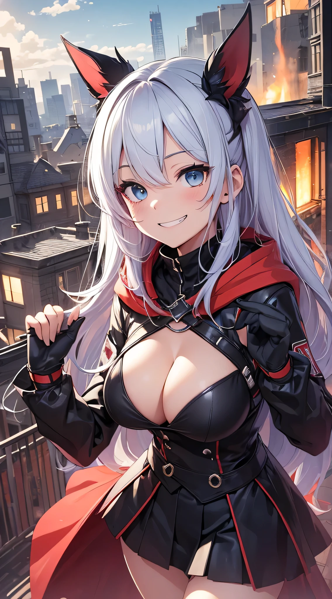 top-quality、Top image quality、​masterpiece、teens girl((、 Ager、Best Bust、big bast,wide open breasts、Beautiful light blue eyerest, multicolored hair、A slender,Large valleys、Reflecting the whole body、Laugh、dye one's cheeks red、Black Hero Suit、red cloak、Red short skirt、Niō Standing、Cross your arms、grin)),hiquality、Beautiful Art、Background with(( On the roof of a building、explosions、fumo)))、masutepiece、depth of fields,