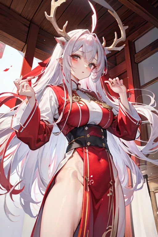 Unparalleled beauty,face perfect、、(Red and white gradient hair、hair wavy),Perfect Eye、Archaic costume、Retro、snowscape、White breath、Deer antlers grow from the head、校服、Blazer Clothing、ファッションmodeled、modeled、、White rabbit、、Five-storied Pagoda、、full body Esbian,