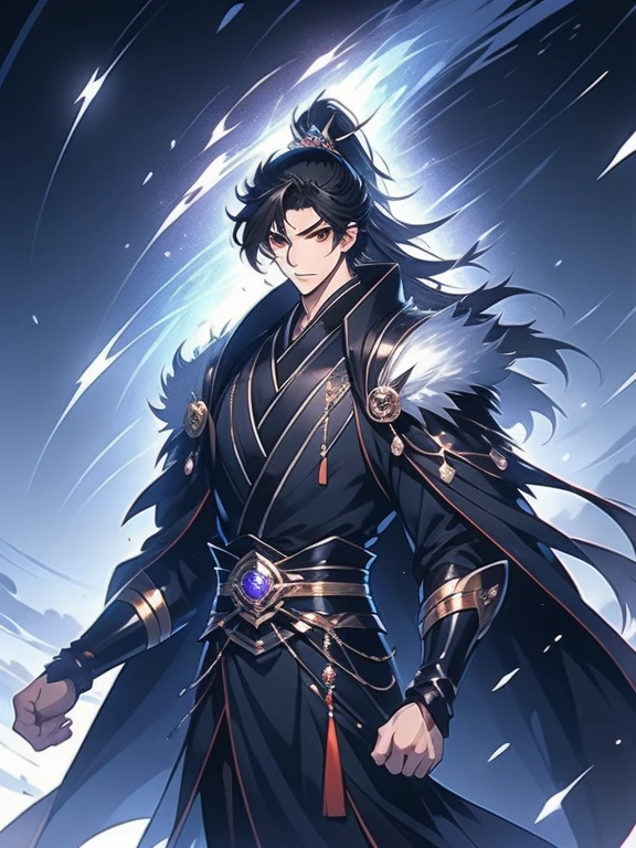 the only person，Libido boy，disheveled black hair , Orange eyes , purple martial arts uniform , Fighting posture，purple aura，lightning effects，Snowy background , Snowy wasteland background, Martial arts costumes , 1male people , Complicated details , perfect generation , male people , Muscular , poncho，red magic vortex，