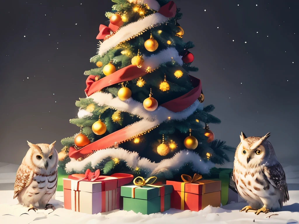 Owl as Santa Claus, Christmas tree, presents, animal children