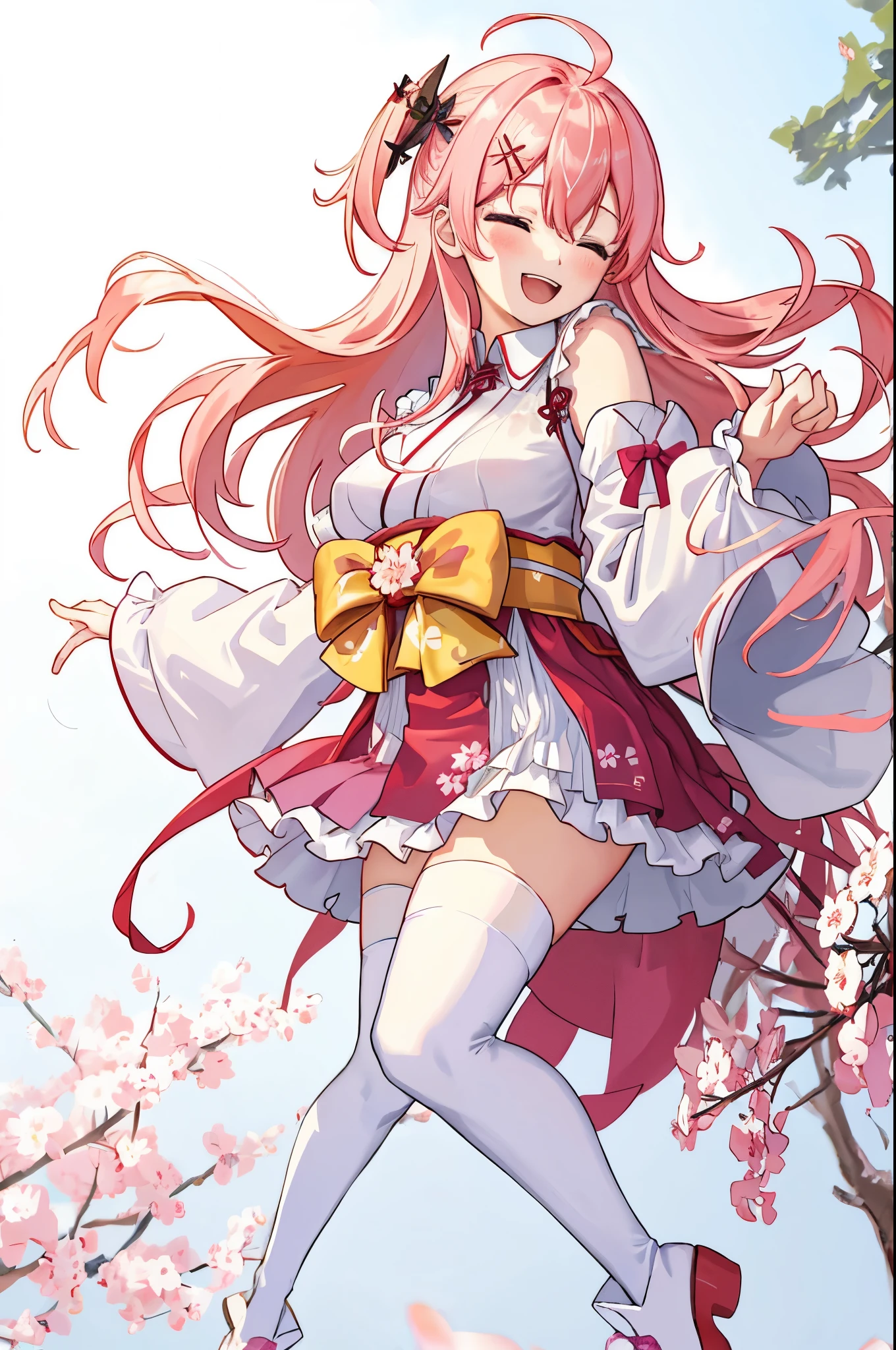 masterpiece, best quality, highres, sakura_miko, 1girl, (****:1.3),medium_breasts, kimono, solo, ahoge, x_hair_ornament, pink_hair, floral print, hairclip,(side_less_clothes:1.3), (side_breasts:1.3), hair_bell, floral print, long_hair, hair between eyes, one side up, white_thighhighs, wide sleeves, open_mouth,(happy:1.3),green_eyes,smile,apart_legs,(overly_long_sleeves:1.3),),sleeves_past_wrists,hands_hidden_sleeves,sidelock_clothes,solo,hidden_wrists,(XD:1.5),covered_nipples,sunlight,(bare_flank:1.3),boots,open_mouth,kimono,close_eyes,.