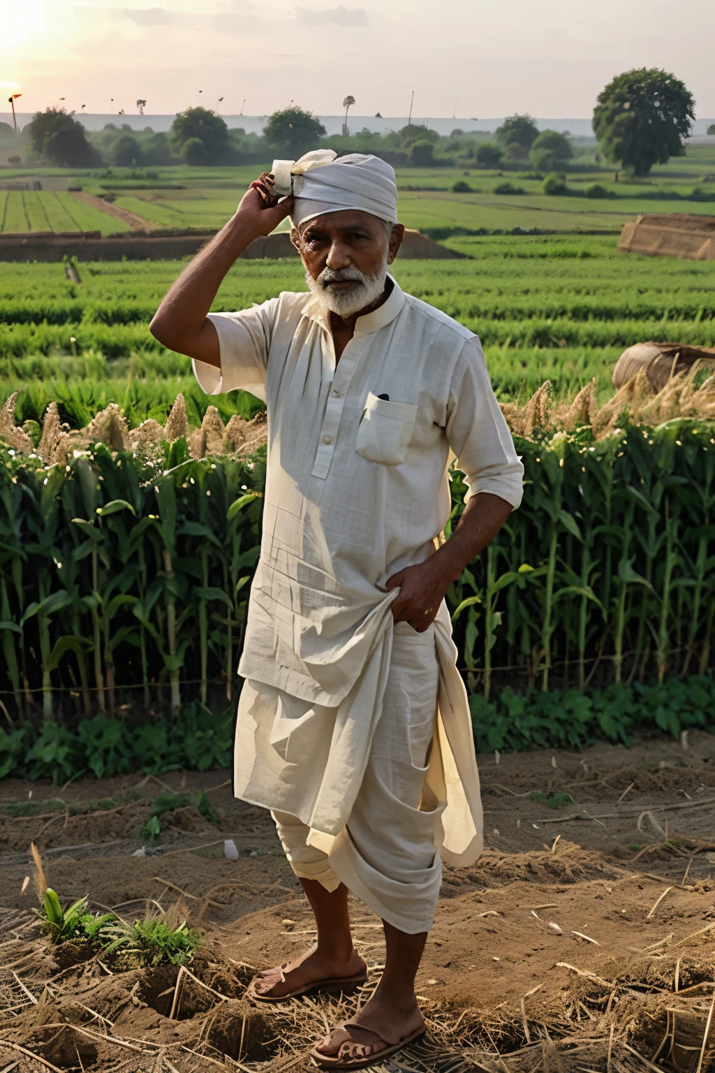 indian maharashtrian 80 year old man farmer in dhoti and kurta wearing white gandhi hat and traditional indian farmer clothes in the wheat farm spreading a uria fertilizer to the farm. farmer is standing into the wheat farm. having fertilizer bag in his hand and spreading it across the farm. at sunset having green greenery behind it