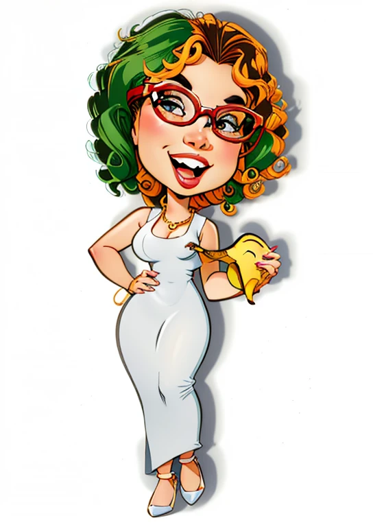cartoon woman with curly hair and glasses holding a banana, potrait de corpo inteiro segurando garrafa, in cartoon style, Latim, esty, mulher bonito, estilo de desenho animado, retrato de corpo inteiro, Chibi, caricatural, imagem dos desenhos animados, charicatura, inspirado em Shirley Teed, Close-up de corpo inteiro, caricatura!!!, Harry Volk Estilo Clip Art