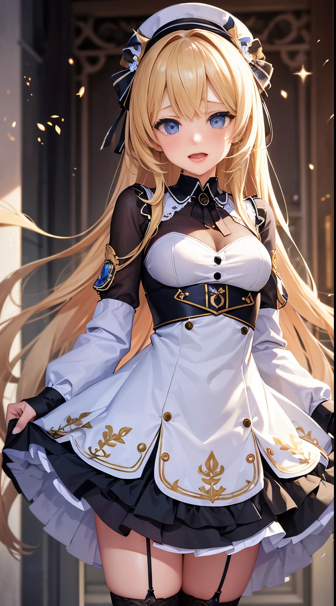 anime girl with long blonde hair and blue eyes in a white dress, ??????????? loli, blonde anime girl with long hair, anime goddess, seductive anime girl, render of april, ecchi, from the azur lane videogame, splash art anime loli, ahegao, loli in dress, loli, pixiv 3dcg, ahegao, blush, sweat, open mouth, rolling eyes, tears, tongue out, lifted by self, skirt lift,