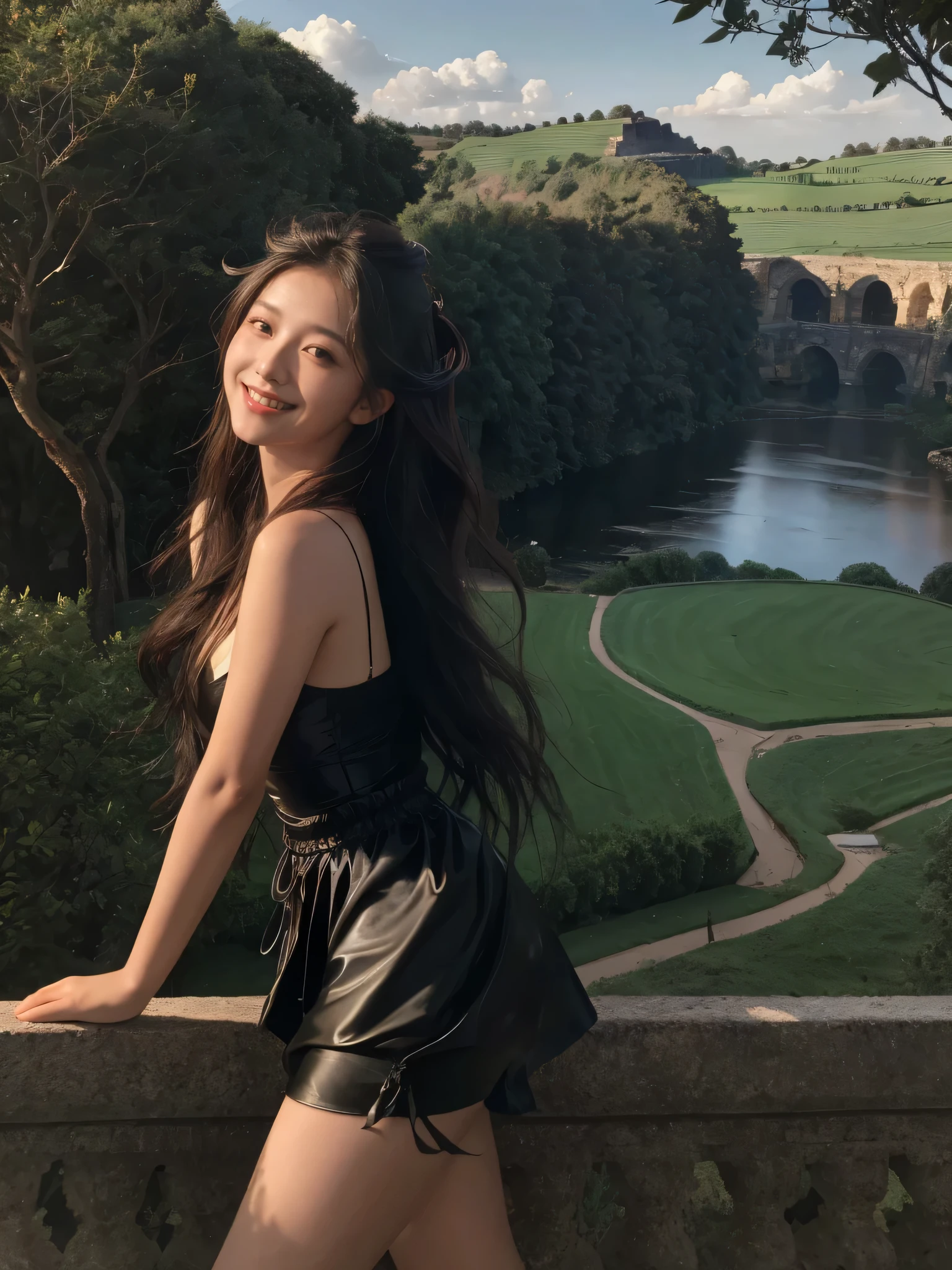 Poussin-style landscape,A smile,,Sweet and seductive appearance.、Caravaggio's paintings、Chiaroscuro of Caravaggio、Hair disheveled in the wind,,Cute smile, Expression of ecstasy,A sexy,erotick