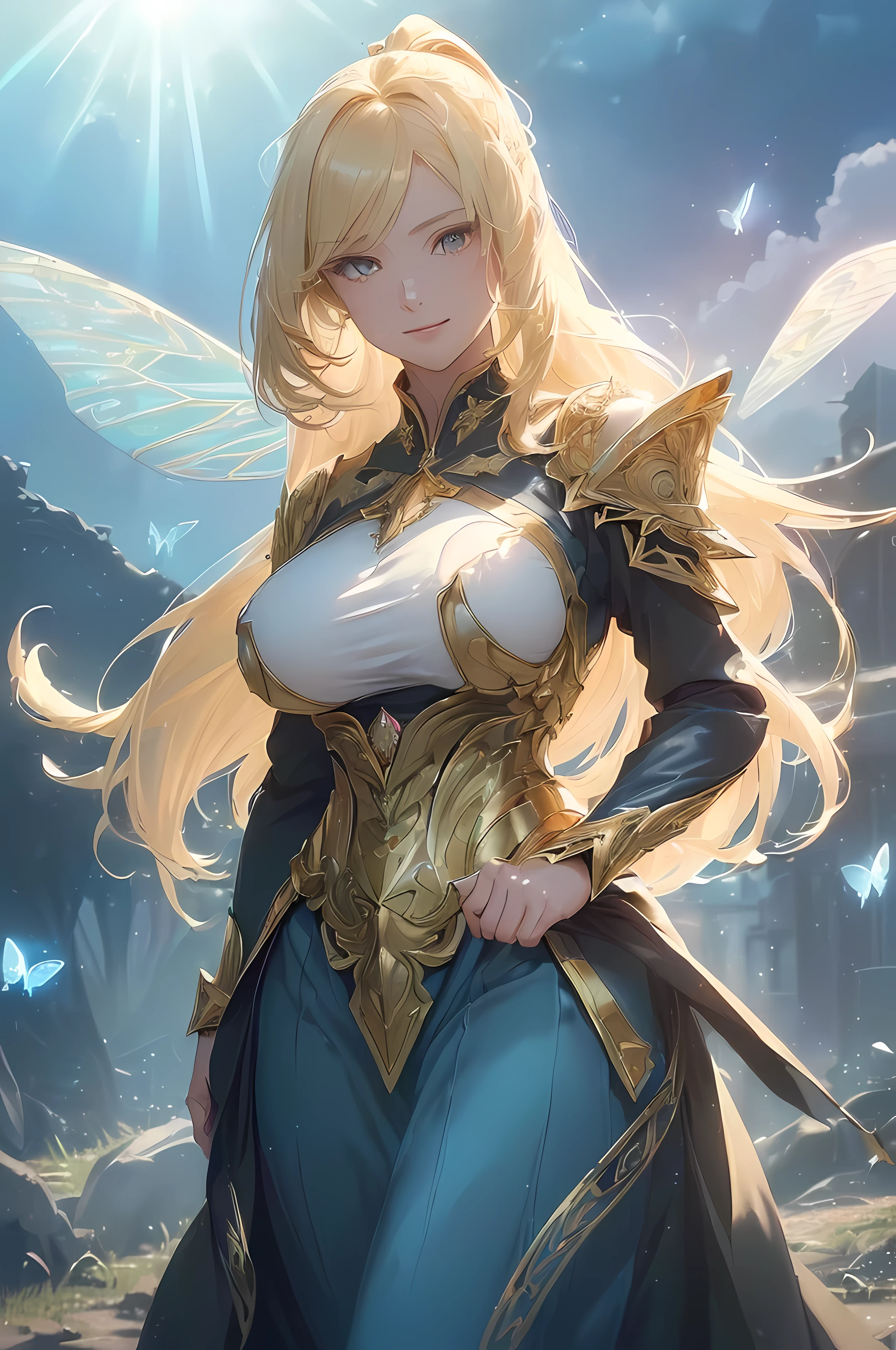 (((masterpiece))), (((best quality))), ((ultra-detailed)), (illustration), ((an extremely delicate and beautiful)), ((super detail)), ((high resolution)), (((20 years old))), metallic cloth, (kunoichi), (android), ((mechanical wings)), delicate metal decorations, gleaming skin, shiny body, two legs, breast focus, (((tall))), slender legs, ((big round eyes)), cute eyes, drooping eyes, ((adult)), two hands, five fingers, no extra hands, elegant smile, braid, medium length hair, ((metallic blue)), (see-through), (dark blonde), (ultra-huge breasts), (shining brightly), outdoor, mini skirt, city, daytime, ((biopunk)),