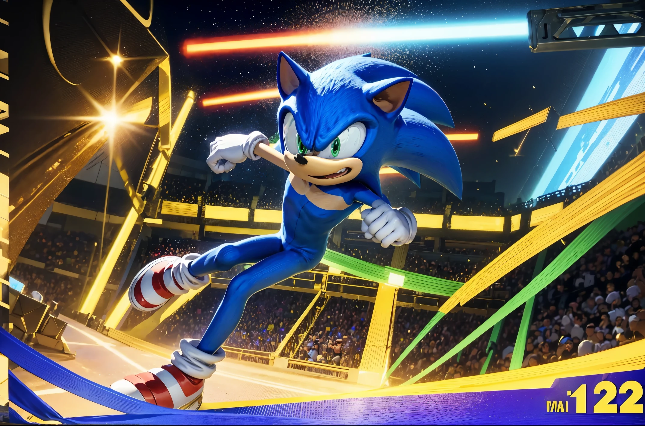 Sonic the Hedgehog dressed as Matersonist with number one stamped on it, win a tournament(Cross the finish line) Jumping with happiness, Looking at the viewer, intricate-detail, Anime style, looney tunes style,Graphic style of PS3 era, 4K,