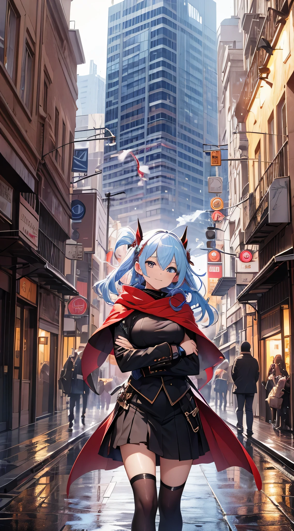 top-quality、Top image quality、masterpiece、teens girl((sixteen years old、 Ager、Best Bust、big bast,wide open breasts、Beautiful light blue eyerest, multicolored hair、A slender,Large valleys、Reflecting the whole body、Laugh、dye one's cheeks red、Black Hero Suit、red cloak、Red short skirt、Niō Standing、Cross your arms、grin)),hiquality、Beautiful Art、Background with(( chee、Building Street、explosions、Explosive inflammation、fumo)))、masutepiece、depth of fields,hero wind