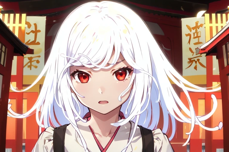 1girl in，Ultra-detailed,Detailed details,White hair,Red eyes,Very long hair，White snake,White kimono，Face Up，Background Shrine，Ferocious