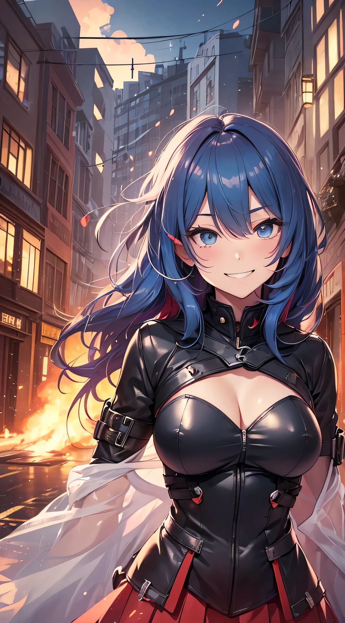 top-quality、Top image quality、masterpiece、teens girl((、 Ager、Best Bust、big bast,wide open breasts、Beautiful light blue eyerest, multicolored hair、A slender,Large valleys、Reflecting the whole body、Laugh、dye one's cheeks red、Black Hero Suit、red cloak、Red short skirt、Niō Standing、Cross your arms、grin)),hiquality、Beautiful Art、Background with(( chee、Building Street、explosions、Explosive inflammation、fumo)))、masutepiece、depth of fields,hero wind