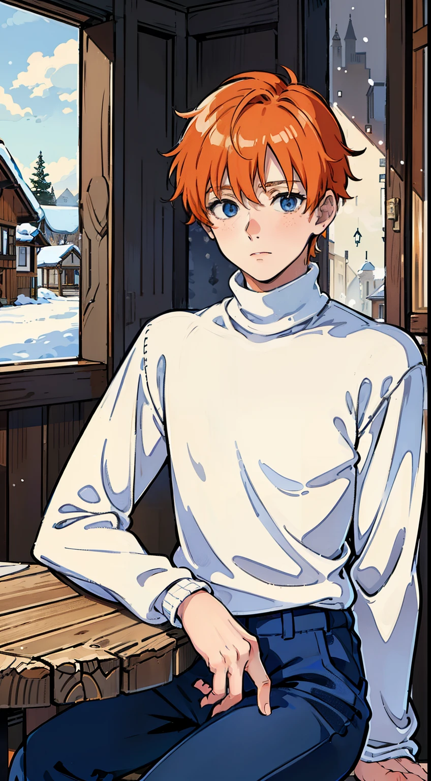 (1boy,teen,18 years old), orange hair, blue eyes,(((white sweater,turtleneck))),(in front of a table,inside of a wood house,snow,looking away,sitting),