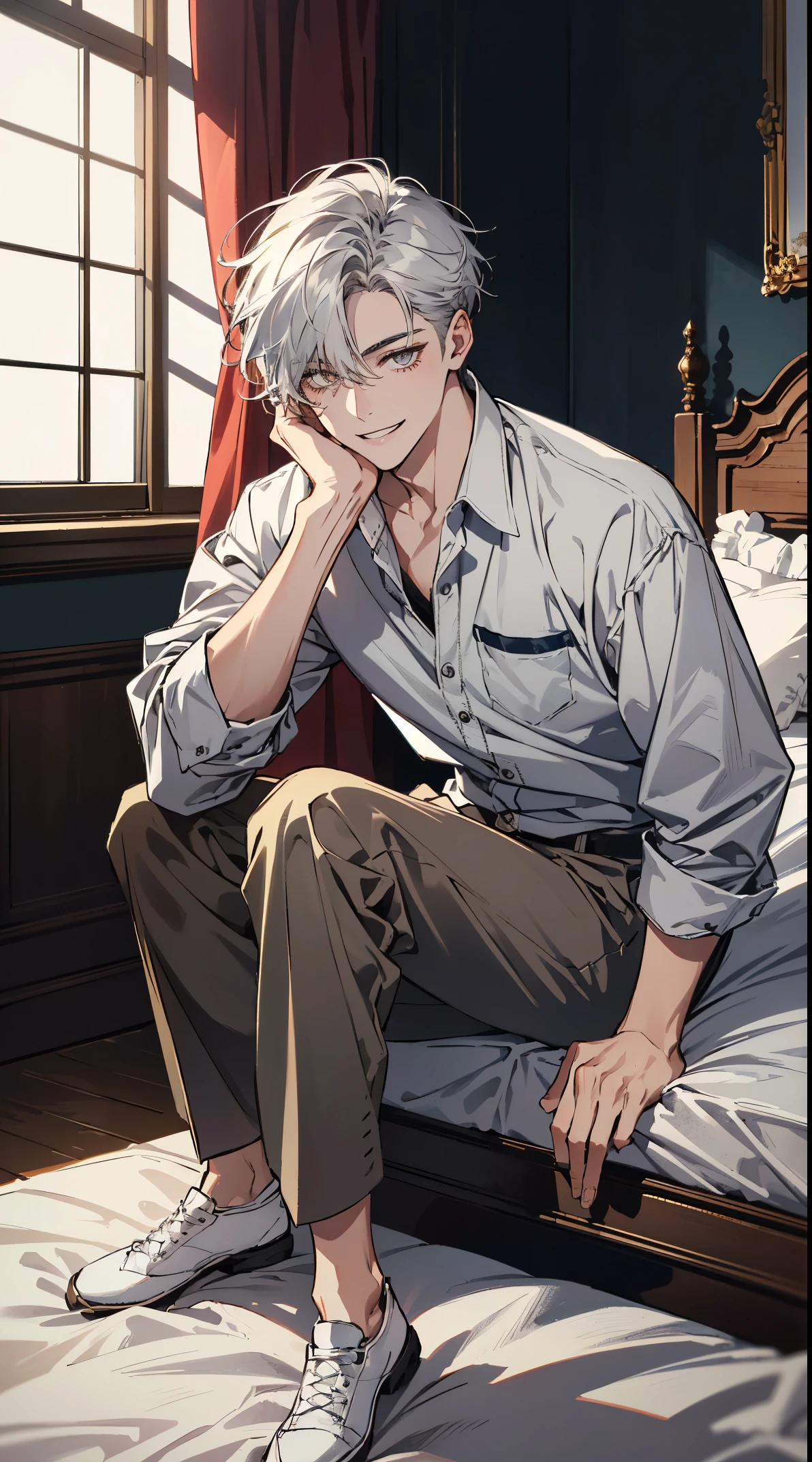 (absurderes, hight resolution, ultra-detailliert), fulcolor,(((One Boy:1.3)),(Full body),Handsome,30 years old man, man,(Grey Hair,short-haired,My bangs were wavy),tall, finely detailed eyes and detailed face,pale skin, Golden Eyes,eye line, (masculine),slightly muscular,{{Defined body}} ,Posing, Sitting, good lighting, sitting on a bed, Psychopath smile,