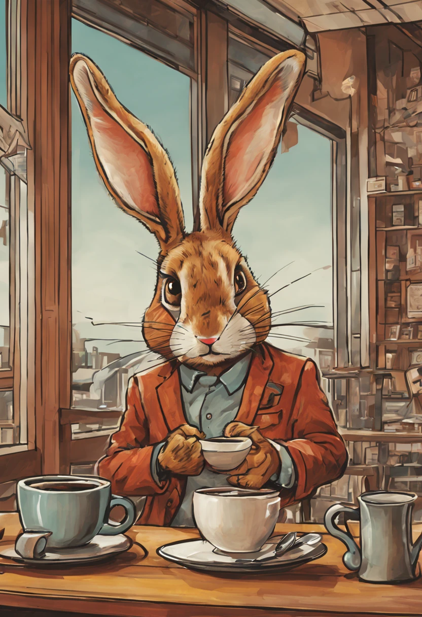 Humanoid rabbit drinking coffee in a coffee shop, Illustration Author [Essao Andrews]