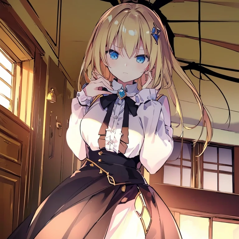 top-quality、Top image quality、masterpiece、girl with((18year old、 Black Y-shirt with open buttons、,White underwear、Best Bust、Bust 85、a blond、disheveled semi-long、Blue eyes、open chest wide、Valley、Happiness、A slender、girl with座っている、Shy face))hiquality、Beautiful Art、Background with((A room with beautiful sunlight))、masutepiece、Elaborate design、visualart