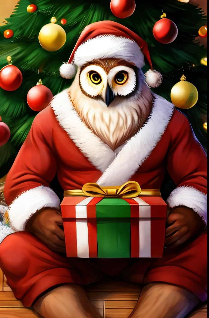 Owl as Santa Claus, Christmas tree, presents, animal children