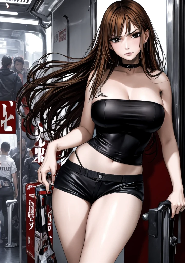 A beautiful adult woman with shoulder-length long hair, big breasts, beautiful legs, and a sharp face is wearing a black tube top that exposes her navel and hot pants that look like black panties, and a middle-aged man in a suit is riding the train with an irritated expression on his face. standing glaring at。