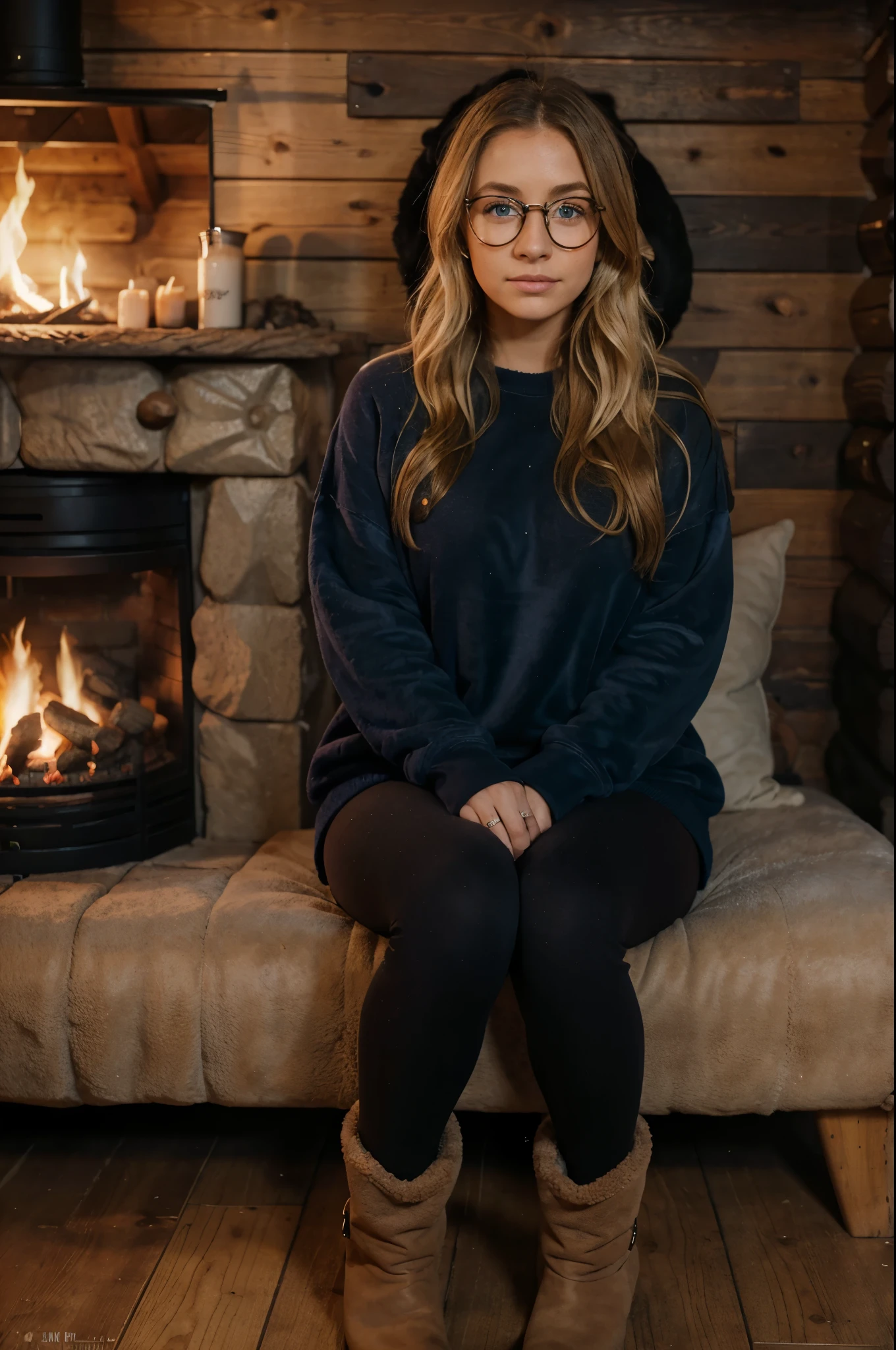 1woman, ombré blonde balayage hair, beautiful blue eyes, freckled face, beautifully detailed face, circle glasses, creame sweatshirt, seamless black leggings, fuzzy faux fur ugg boots, log cabin by fire place background, full body portrait.